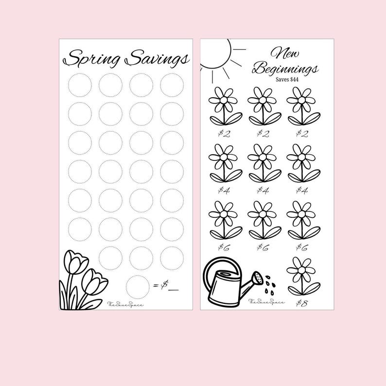 K&ouml;nnte beinhalten: Zwei schwarz-wei&szlig;e Budgetbl&auml;tter mit floralen und fr&uuml;hlingshaften Designs. Auf einem Blatt steht "Spring Savings" mit Kreisen zur Verfolgung. Auf dem anderen steht "New Beginnings" mit Blumenillustrationen und Sparbetr&auml;gen.