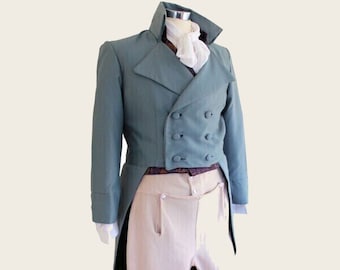 New Regency Victorian Men's Sky Blue Wool Double Breasted Tailcoat, Only Coat For Sale
