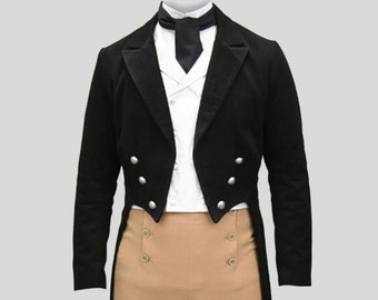 New men's black wool Regency Tailcoat, vest and breeches,Men Wool Jacket