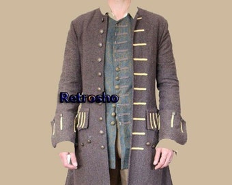 New Captain Traditional 18th Century Frock Gray Wool Men Coat Two Flapped Pocket, Only outer coat price