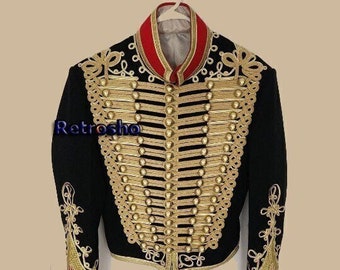 Men's French Hussar Jacket With Heavy Gold Braided Jacket, Black wool coat