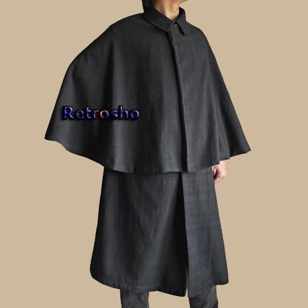 Cape d'Inverness pour homme - 100 % laine, manteau d'Halloween noir, manteau noir gothique, manteau d'Halloween pour homme noir, manteau steampunk