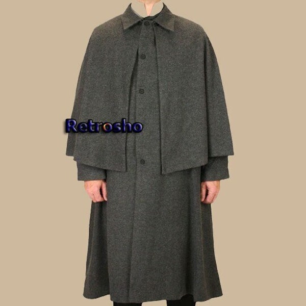 Mens Inverness Cape - 100% Wool - Gray - Caramel, Christmas Inverness coat, Men's Christmas coat