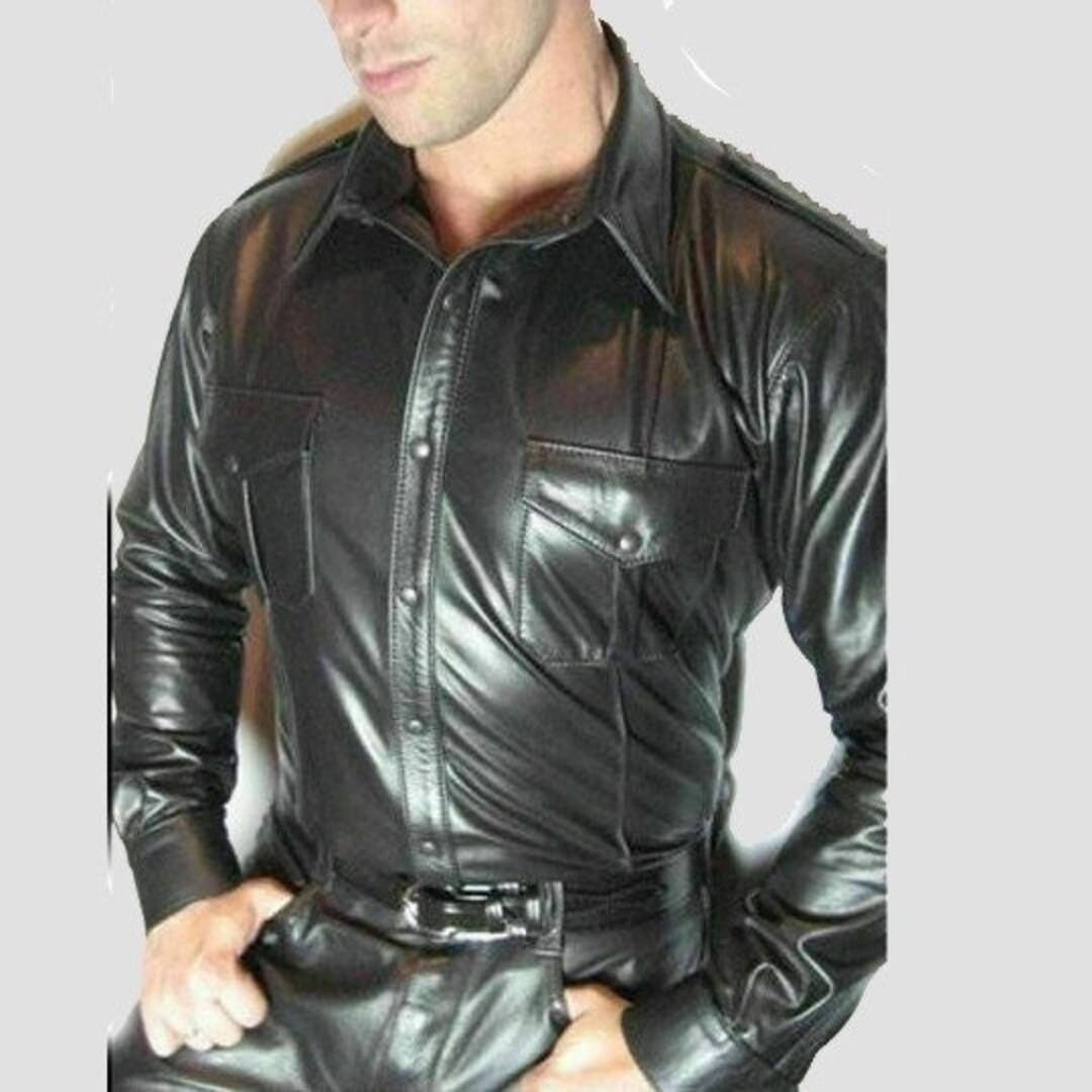 Wonswani Men's Real Black Lambskin Leather Police Military Style Shirt – Button-Up, Long Sleeve