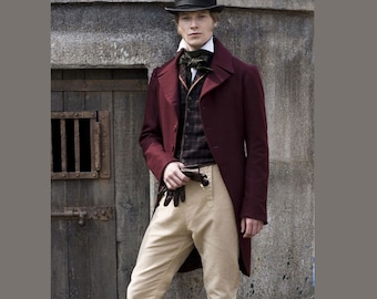 Uniforme de robe Régence couleur bordeaux europeon jeune homme en laine queue de pie Régence | Tailcoat historique pour homme, veston et pantalon de frac régence