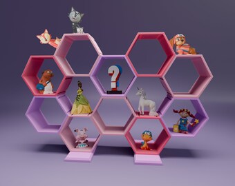 Starter set for the expandable collectible figure shelf in a modern honeycomb design 10x honeycombs and 2x holders of your choice