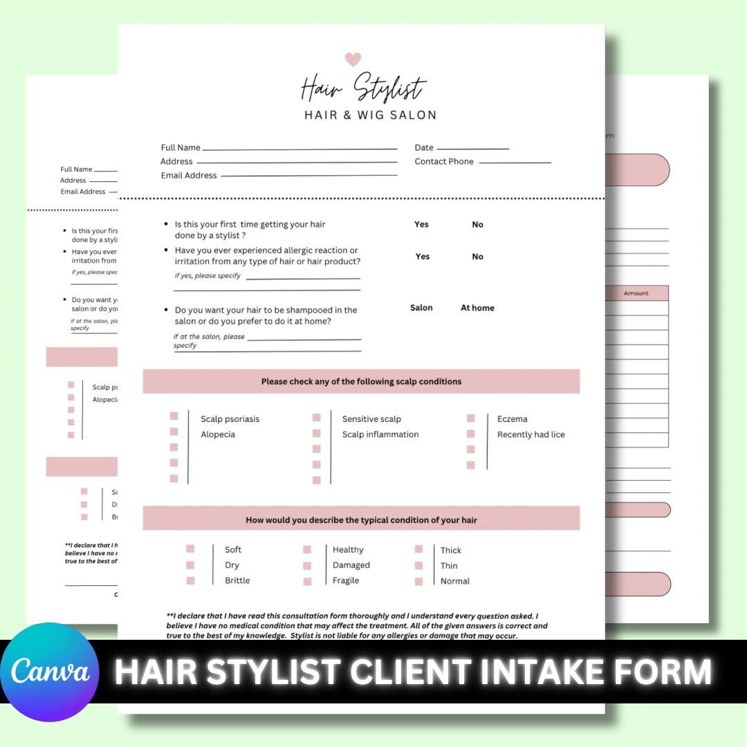 Editable Hair Stylist Client Intake Form, Hair & Wig Consultation Form ...