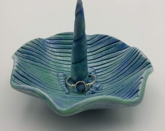 Coastal Blue & Turquoise Ring Holder, Textured Ceramic Trinket Dish, Sea Shell Jewellery Storage