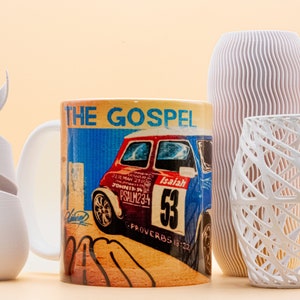 Graffiti Photo Printed Mug The Gospel Coffee Cup Unique Car Art Austin Mini Cooper Perfect Coffee Lover Gift for Car Enthusiasts