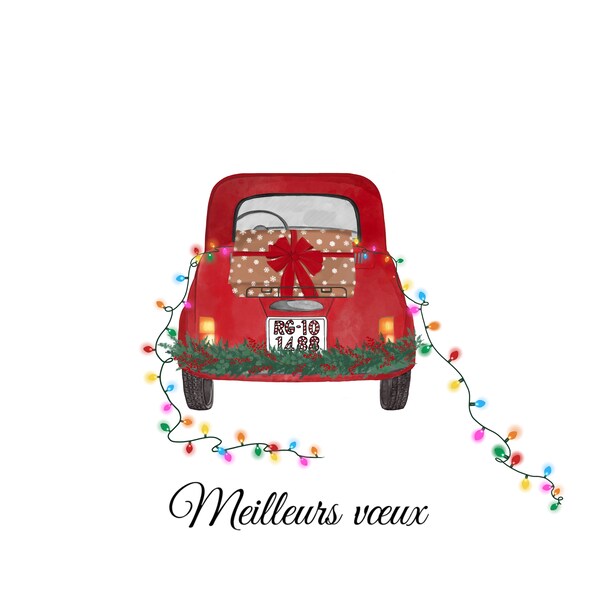 Christmas card, carte de vœux,  Noël, illustration, Illustration de Noël, red car, christmas, carte de Noël, guirlandes lumineuses