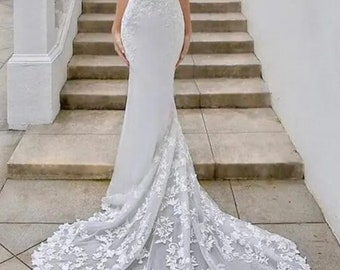 V-Neck Mermaid Sheer Bodice Lace Wedding Dress