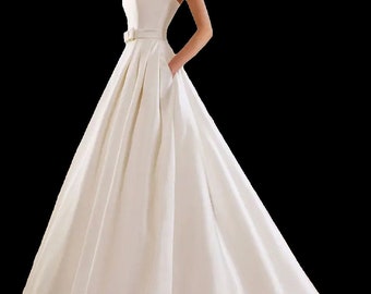 Soft Satin A-Line Wedding Gown with Lace-Up Pearl Buttoned Back