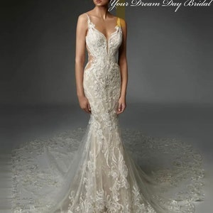 Deep-V Boho Mermaid Lace & Tulle Wedding Gown.  Shown in champagne with ivory lace.
