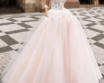 Pink Half Sleeve Boho Lace & Tulle A-Line Wedding Gown