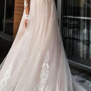 Long Sleeve Pink Boho V-Neck Organza & Lace Wedding Gown