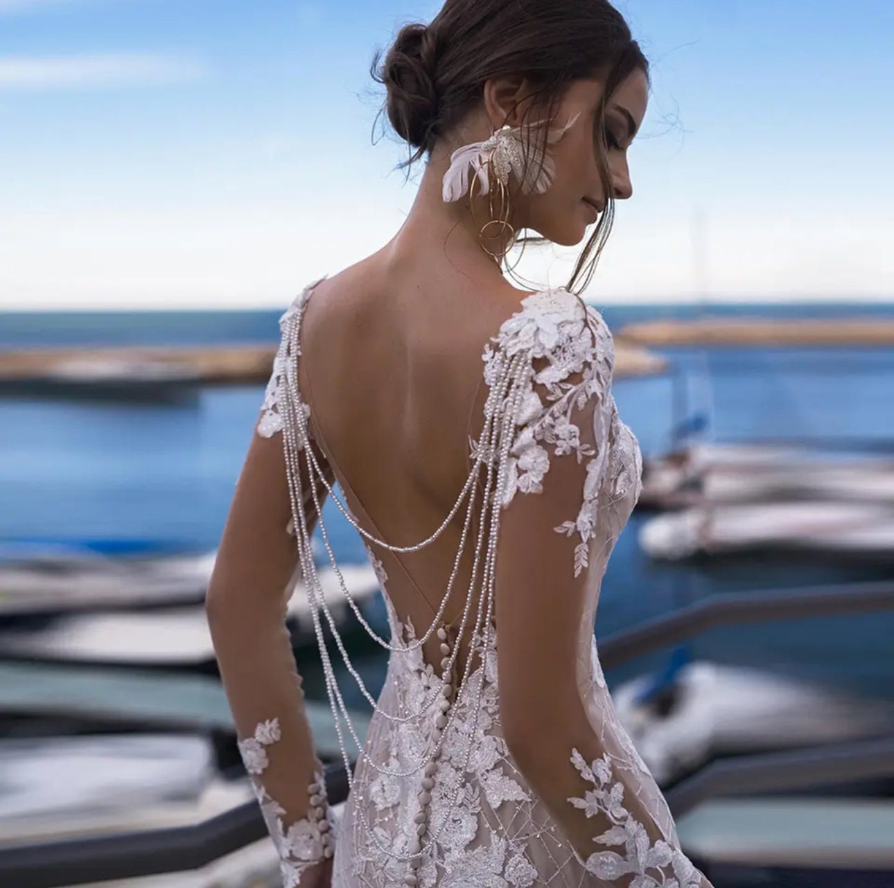 Long sleeve lace open back mermaid shop wedding dress