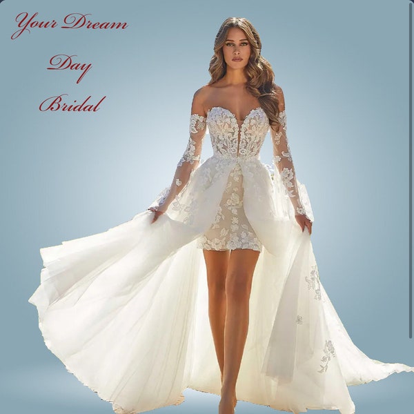 Elegant Boho Lace Two Piece Appliqued Wedding Dress with Detachable Train