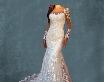 Elegant Long Sleeve Lace & Tulle Mermaid Wedding Gown