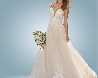 Deep-V A-Line Sleeveless Organza & Tulle Wedding Gown with Court Length Train