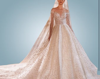 Elegantes, langärmliges, glitzerndes A-Linien-Hochzeitskleid mit Illusionseffekt