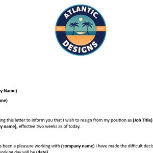 Two Weeks Notice | Resignation | Template | Digital | Letter | Microsoft Word | Personal Finances |