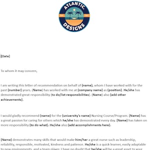 Carta de Recomendación de Curso de Escuela de Enfermería / Referencia / Plantilla / Plantilla Word / Carta Digital / Microsoft Word / Descarga Digital /