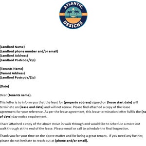 Landlord Lease Termination Letter | Move Out Letter | Move Out Template | Microsoft Word | Digital Download | Digital Letter | Editable |