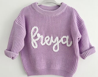 Girls Lilac Purple Personalised baby name jumper |  Hand Embroidered chunky knit sweater | Newborn, Baby, Toddler gift | Baby Announcement