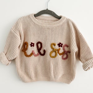 Beige Personalised baby name jumper Hand Embroidered chunky knit sweater Newborn, Baby, Toddler gift Baby Announcement Girl, Boy image 10
