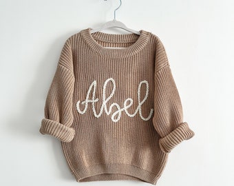 Dark Beige Personalised baby name jumper, Hand Embroidered chunky knit sweater | Newborn, Baby, Toddler gift | Baby Announcement | Girl, Boy