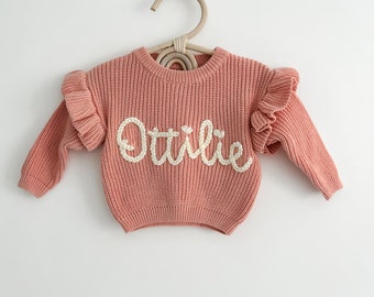 Frilled Pink Personalised baby name jumper |  Hand Embroidered chunky knit sweater |Girl Newborn, Baby, Toddler gift | Baby Announcement