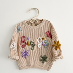 Beige Personalised baby name jumper Hand Embroidered chunky knit sweater Newborn, Baby, Toddler gift Baby Announcement Girl, Boy image 7