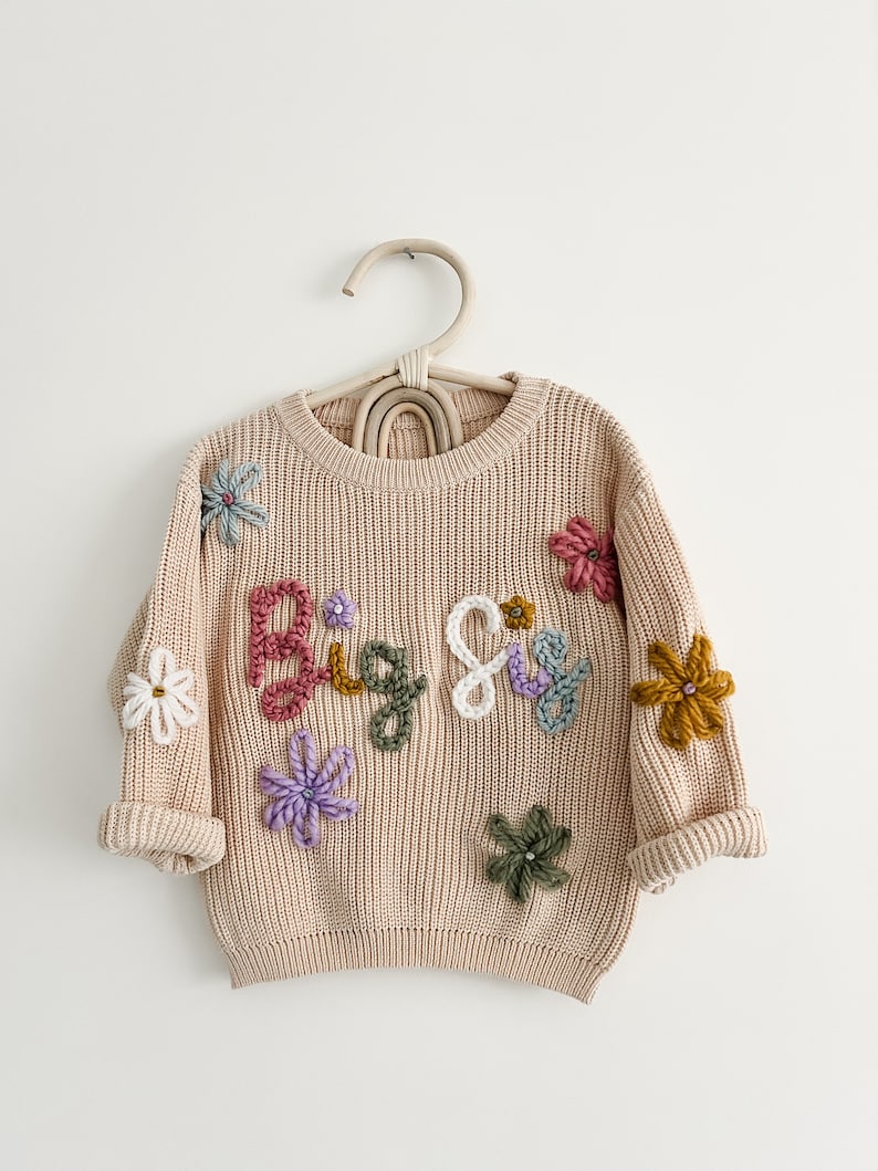 Beige Personalised baby name jumper Hand Embroidered chunky knit sweater Newborn, Baby, Toddler gift Baby Announcement Girl, Boy image 7