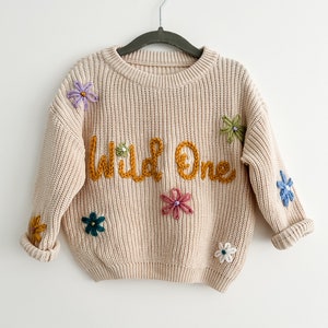 Beige Personalised baby name jumper Hand Embroidered chunky knit sweater Newborn, Baby, Toddler gift Baby Announcement Girl, Boy image 2