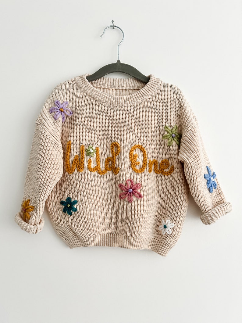 Beige Personalised baby name jumper Hand Embroidered chunky knit sweater Newborn, Baby, Toddler gift Baby Announcement Girl, Boy image 2