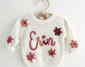 White personalised baby name jumper child, Hand Embroidered chunky knit sweater kids, Baby name Announcement, first birthday girl outfit boy