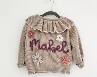 Personalised baby name cardigan |  Hand Embroidered chunky knit frill cardigan | Newborn, Baby, Toddler gift | Baby Announcement | Girl