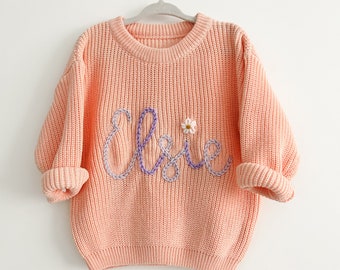 Girls Blush Pink Personalised Name Jumper |  Hand Embroidered Oversized Sweater Chunky Knit Name Jumper | Newborn Baby Toddler Kids gift