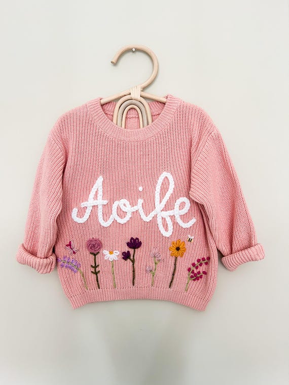 Girls Pink Personalised Name Jumper | Hand Embroidered Oversized Sweater  Chunky Knit Name Jumper | Newborn Baby Toddler Kids Gift - Etsy