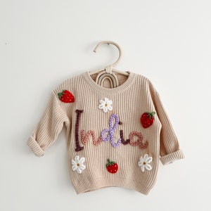 Beige Personalised baby name jumper Hand Embroidered chunky knit sweater Newborn, Baby, Toddler gift Baby Announcement Girl, Boy image 6
