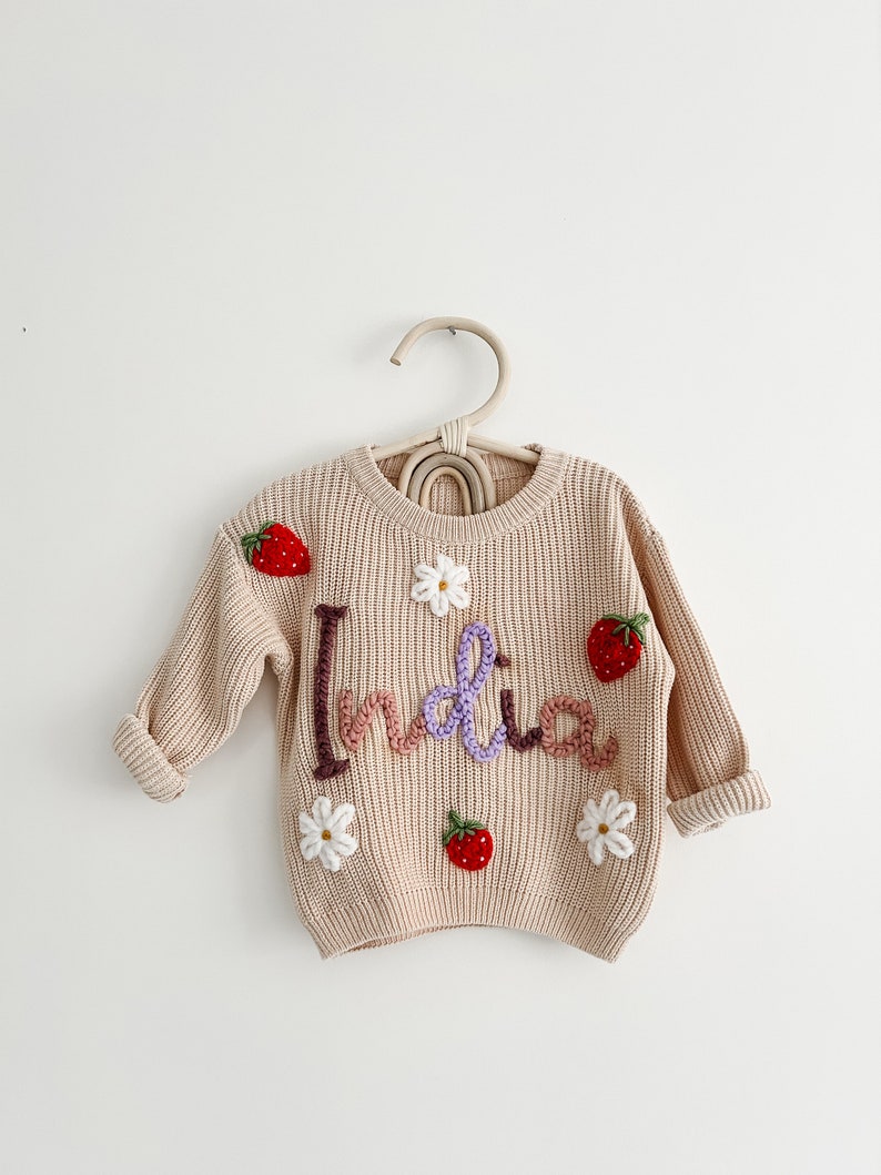 Beige Personalised baby name jumper Hand Embroidered chunky knit sweater Newborn, Baby, Toddler gift Baby Announcement Girl, Boy image 6