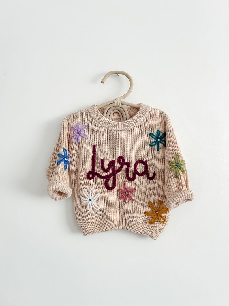 Beige Personalised baby name jumper Hand Embroidered chunky knit sweater Newborn, Baby, Toddler gift Baby Announcement Girl, Boy image 9