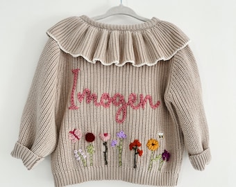 Personalised baby name cardigan |  Hand Embroidered chunky knit frill cardigan | Newborn, Baby, Toddler gift | Baby Announcement | Girl