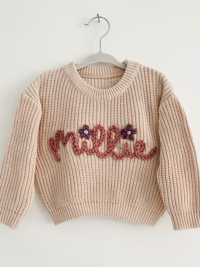 Beige Personalised baby name jumper Hand Embroidered chunky knit sweater Newborn, Baby, Toddler gift Baby Announcement Girl, Boy image 8