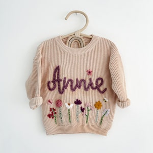 Beige Personalised baby name jumper Hand Embroidered chunky knit sweater Newborn, Baby, Toddler gift Baby Announcement Girl, Boy image 1
