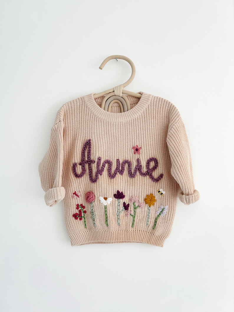 Beige Personalised baby name jumper Hand Embroidered chunky knit sweater Newborn, Baby, Toddler gift Baby Announcement Girl, Boy image 1