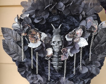 Death Head Moth wreath. Gothic wreaths, wall hangings are unique gifts and home decor.