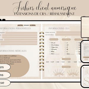 May include: A digital client file for eyelash extensions and lash lifts. The file includes sections for client information, medical information, lash details, and a calendar. The file is 1168 pages long and includes hyperlinks.