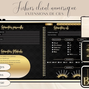 Puede incluir: Un libro de registro de clientes digital en negro y dorado para extensiones de pestañas. El libro incluye secciones para información del cliente, información médica, detalles de las pestañas y un calendario. El libro tiene 1601 páginas e incluye hipervínculos.