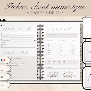 Può includere: File cliente digitale per extension ciglia. Il taccuino aperto mostra informazioni personali e sulle ciglia, con sezioni per dettagli medici e mappatura delle ciglia. Include schede e il testo "2026".